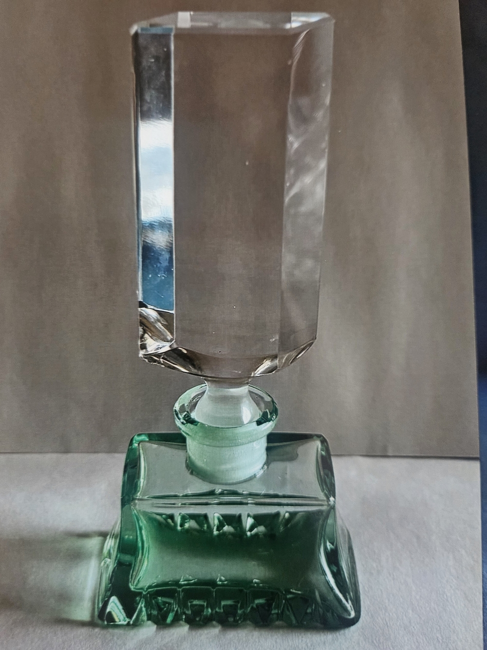 Green Glass Perfume Bottle with Clear Faceted Stopper